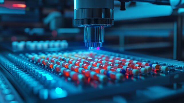 High tech medicine production process capsules moving through automated machinery showing pharmaceutical industry automation quality inspection and modern medical manufacturing efficiency today system