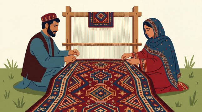 Couple weaving traditional Afghan kilim rug in outdoor setting with cultural craftsmanship