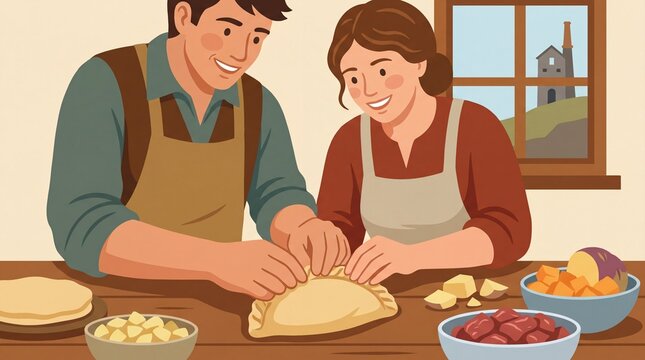 couple making traditional cornish pasty in cozy kitchen for delicious meal