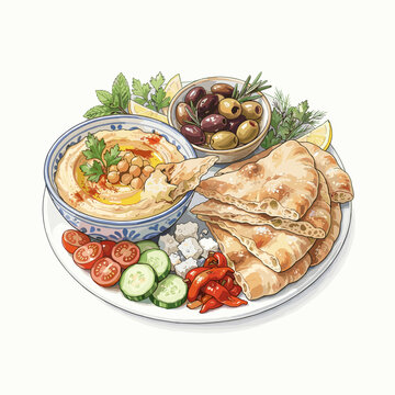 Mezze platter ingredients with hummus olives and pita flat lay for middle eastern food blogs and appetizer recipe websites