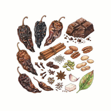 Mole sauce ingredients with chili and chocolate spices flat lay for mexican cooking blogs and savory sauce recipes