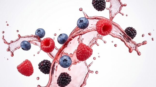 Mixed fresh berries splashing through flowing pink fruit juice