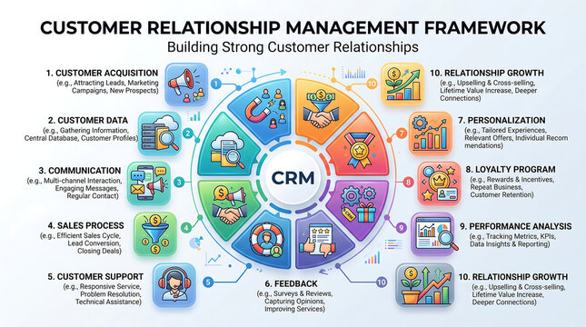Customer Relationship Management framework infographic, CRM business strategy diagram with 10 steps, marketing and sales process flow chart