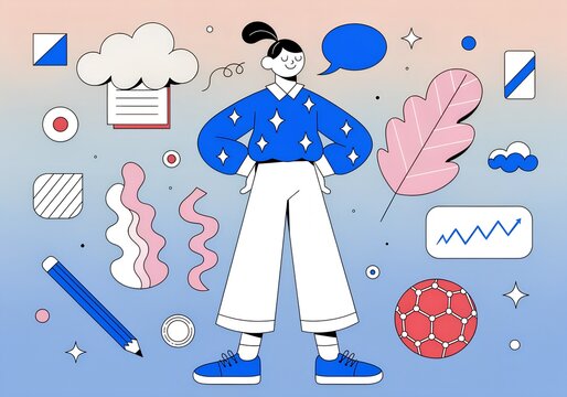 Young woman standing with decorative abstract shapes and business icons in a flat modern illustration style