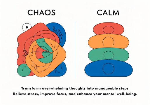 Conceptual illustration comparing chaos and calm showing messy shapes versus organized stacked stones for mental health and stress management