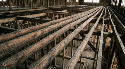 Obraz premium Unfinished wooden structural frame of a large industrial building interior.