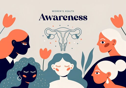 Women health awareness illustration with diverse group of women and reproductive system anatomy