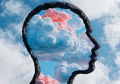 Silhouette of a human head profile filled with blue sky and white fluffy clouds
