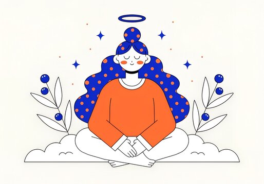 Happy woman meditating in lotus pose with a halo and stars illustration