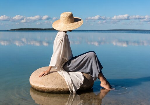 Woman wearing a sun hat and long dress sitting on a large round cushion in the middle of a calm blue sea under a bright sky