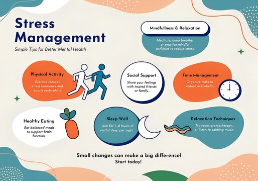 Stress management and mental health tips infographic with colorful hand drawn icons isolated on white background