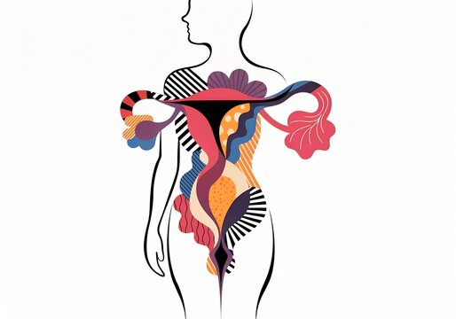 Abstract colorful illustration of human female reproductive system inside a woman body silhouette