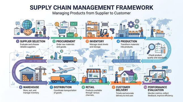 Supply chain management framework infographic, logistics process flow from supplier to customer, industrial distribution and warehouse operations diagram