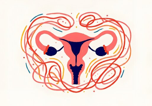 Abstract illustration of a human female reproductive system with stylized colorful lines and artistic shapes