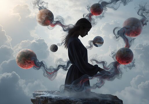 Silhouette of a young woman standing among floating dark spheres and smoke in a surreal dreamlike atmosphere