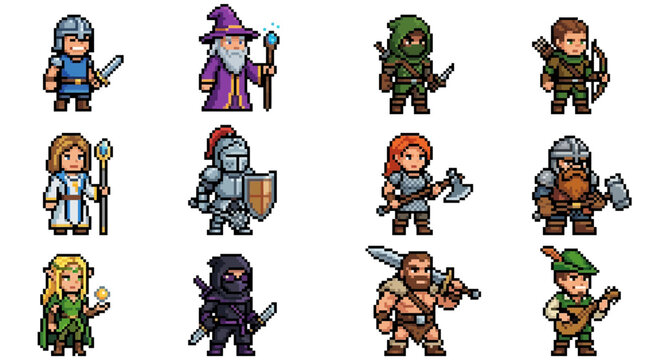 Pixel Art Fantasy Characters Set: Warriors, Mage, Archer, Rogue, Elf, Knight