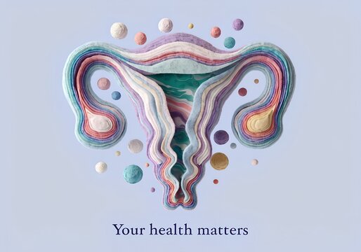 Abstract paper cut illustration of human female reproductive system with your health matters text