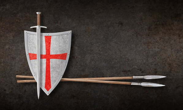 sword shield and two spears on rusty background