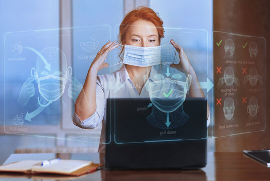 Doctor putting on protective mask using holographic AI assistance