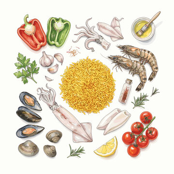 Paella ingredients with saffron rice and seafood flat lay for Spanish recipe blogs and Mediterranean cuisine websites