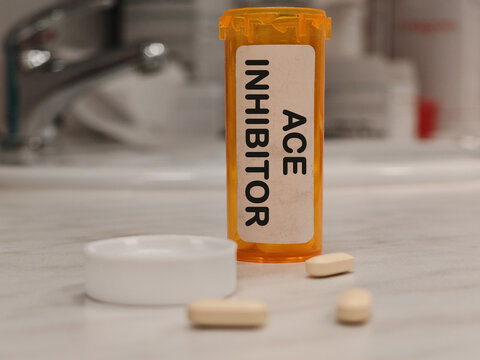 ACE INHIBITOR drug class for hypertension heart failure and kidney protection on pharma laboratory research counter
