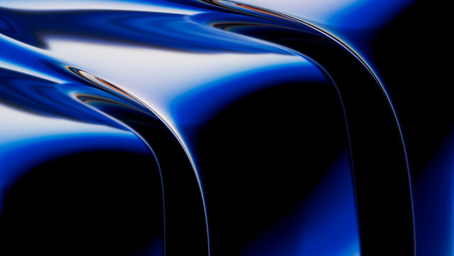 Abstract blue liquid flows with glossy reflections in dark space