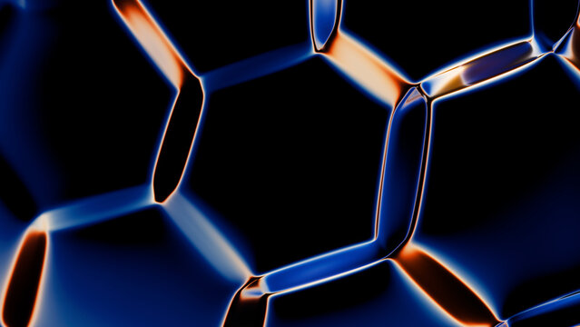 Abstract hexagonal fluid structure glows brightly in dark background