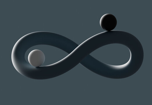 Three dimensional render of two spheres balancing on infinity symbol