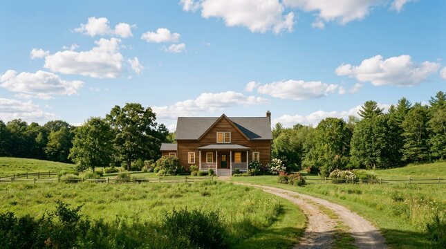 Charming wooden farmhouse in a beautiful countryside landscape.