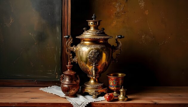 Traditional antique Russian brass samovar with decorative tea set, painted cup, copper pot, and pomegranate on a wooden table against dark background.