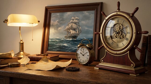 Classic writer desk setup with vintage nautical clock, oil lamp, old maps, magnifying glass, gears, and a framed painting of a sailing ship at sea.