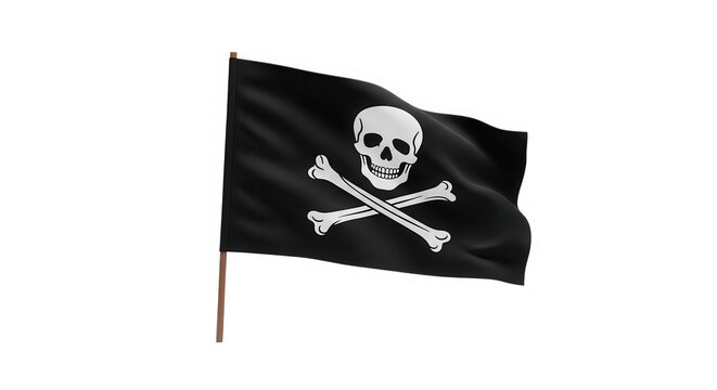 Waving black pirate flag with white skull and crossbones symbol isolated on transparent background