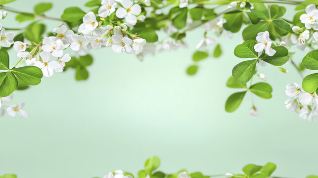 White flowers and green clover leaves create serene and fresh atmosphere, perfect for spring themes and nature designs