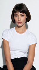Fototapeta premium beautiful western fashion model with dark brown bob haircut, upper body studio portrait of elegant western fashion model in white t shirt