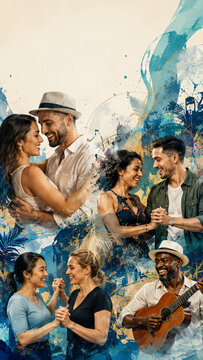 Bachata collage with dancing couples and a guitarist
