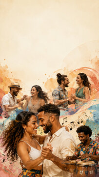 Bachata dance collage with couples and conga players