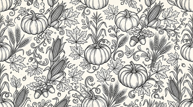 Seamless pattern featuring hand drawn pumpkins corn stalks and autumn leaves in a vintage ink sketch style for seasonal fall holiday decor
