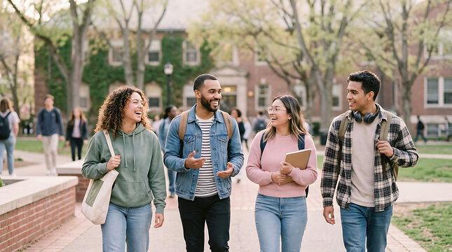 Diverse group of happy university students walking and talking together on a sunny college campus