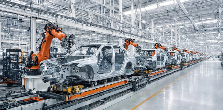 Vehicle assembly line with orange robotic arms assembling car bodies in automotive manufacturing plant high tech automation assembly production manufacturing technology industry