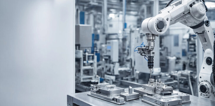 Close up of automated robotic arm working on industrial component in advanced high tech manufacturing facility with robotics automation manufacturing industrial technology production