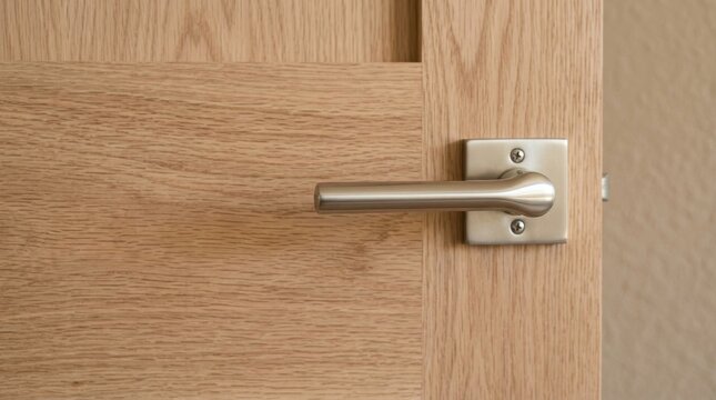 Modern stainless steel lever door handle on a natural wood door.