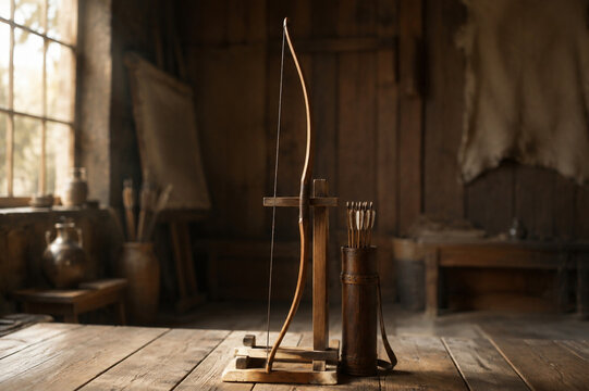 A tall longbow standing upright on a wooden rack with a quiver of arrows beside it.