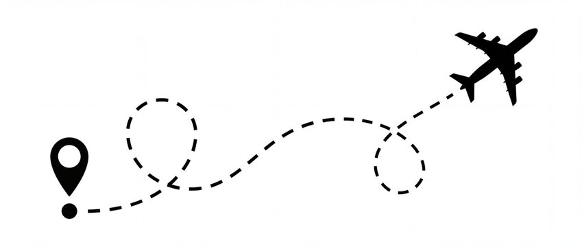 Airplane flight path with location pin, rendered as a minimal black dashed route on a white background, ideal for travel agency marketing, flight tracking, and tourism design