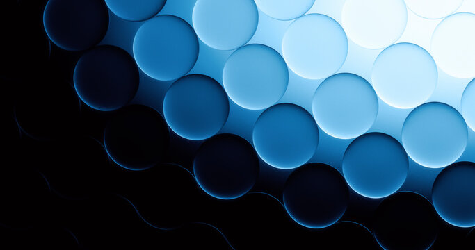 Blue transparent glass spheres create a glowing modern background
