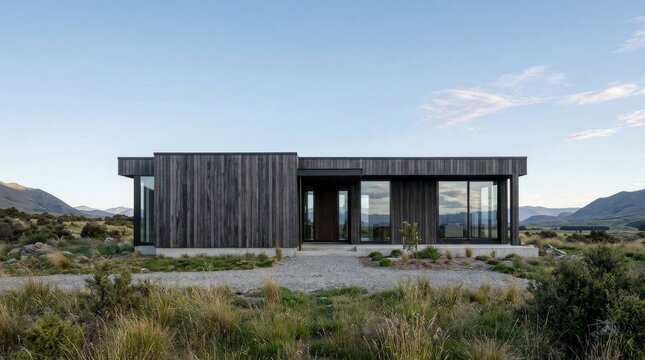 Modern Sustainable Wooden House Architecture in Open Desert Landscape.