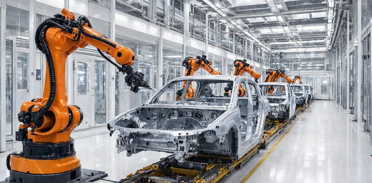 Automated car production line with robotic arms assembling vehicle chassis in modern high tech factory robotics automation manufacturing automotive assembly industrial technology