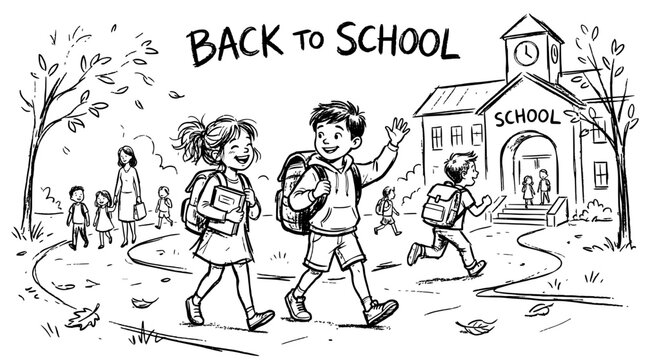 Hand-drawn black sketch illustration of happy schoolchildren walking to school, symbolizing the beginning of the school year, back to school, education, learning, childhood, and student life