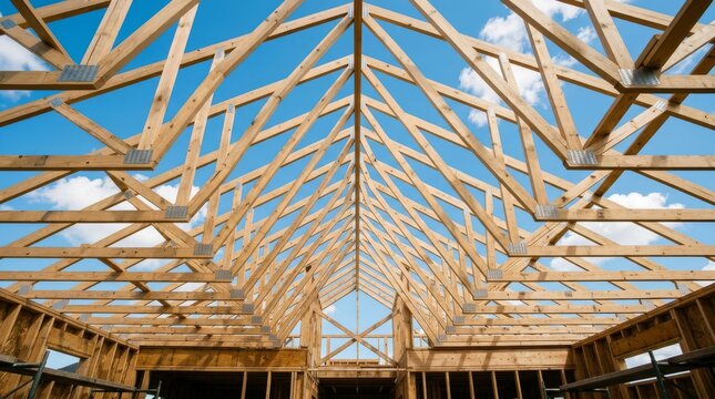Wooden roof truss frame construction of a new residential house.