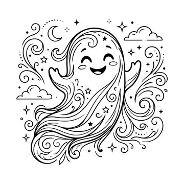 Hand-drawn black sketch illustration of a cute smiling ghost, symbolizing Halloween, autumn celebration, fun, and festive decoration. Isolated on a white background