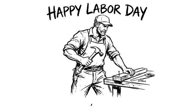 Hand-drawn black sketch illustration of a carpenter working with wood, symbolizing Happy Labor Day, skilled trades, craftsmanship, construction, and professional manual work